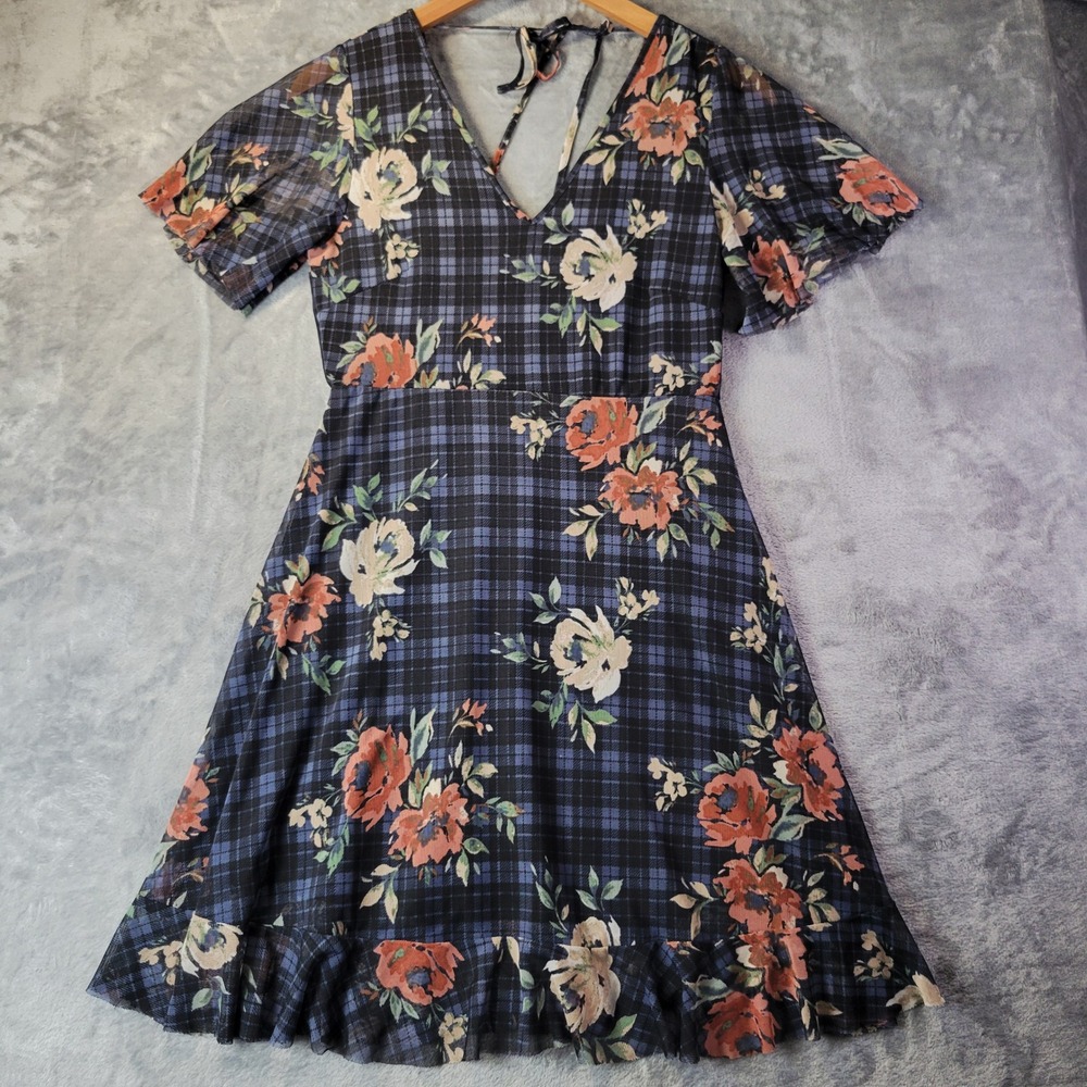 American‎ Rag Womens Small Floral Plaid Mesh Mini Dress Blue Orange Fairy